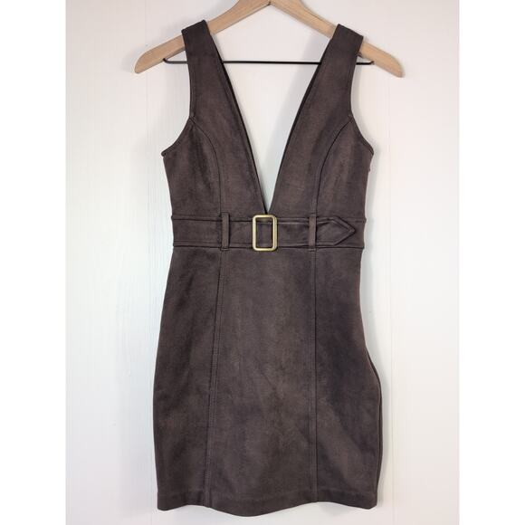 Forever 21 Brown Faux Suede Mini Dress S Belted Overall Y2K Retro Indie - Picture 2 of 15